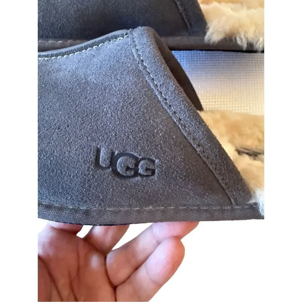 UGG Mens Gray Round Toe Sheepskin Suede Slip On Flat Slippers Size 9
